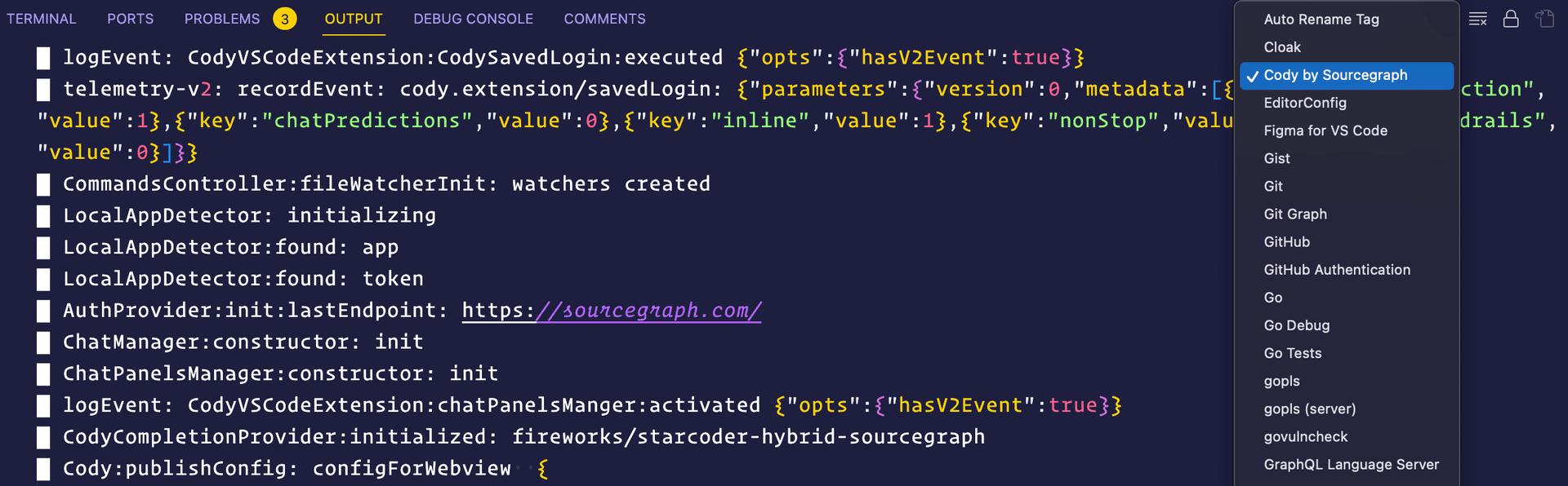 View Cody's autocomplete logs from the Output View in VS Code