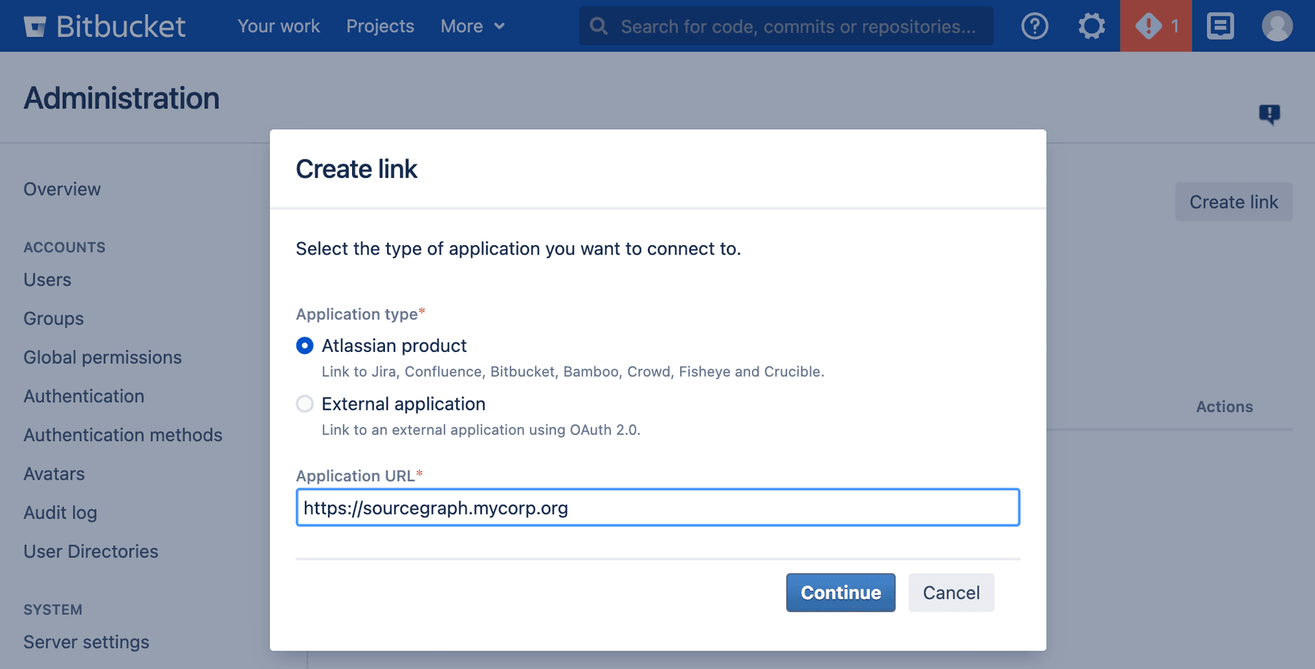 Screenshot of Bitbucket Create Link form.