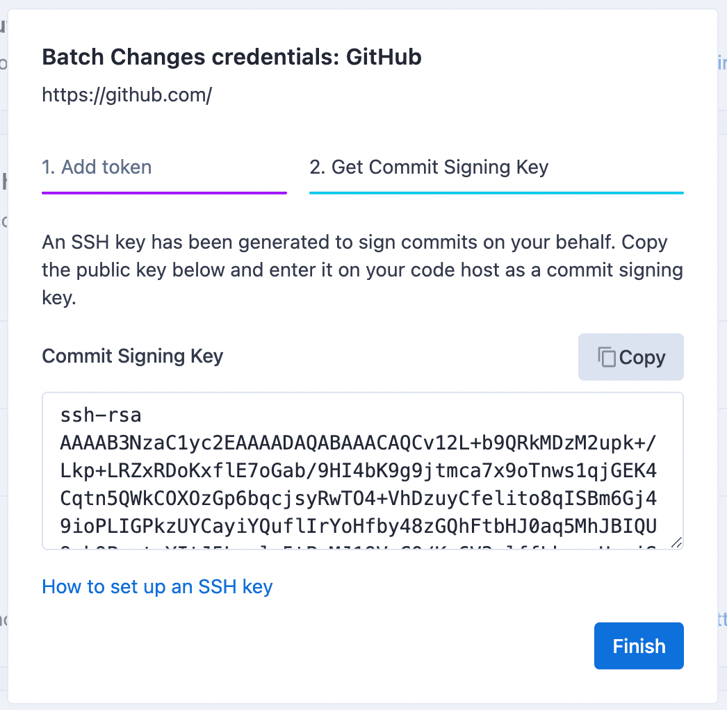 The modal displays the ssh key used for commit signing