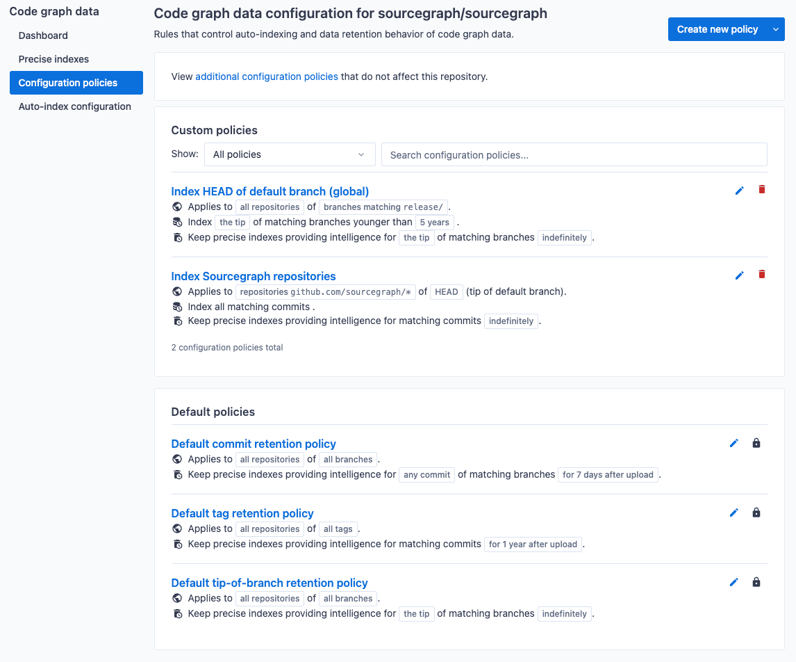 Repository-specific auto-indexing policy configuration list page